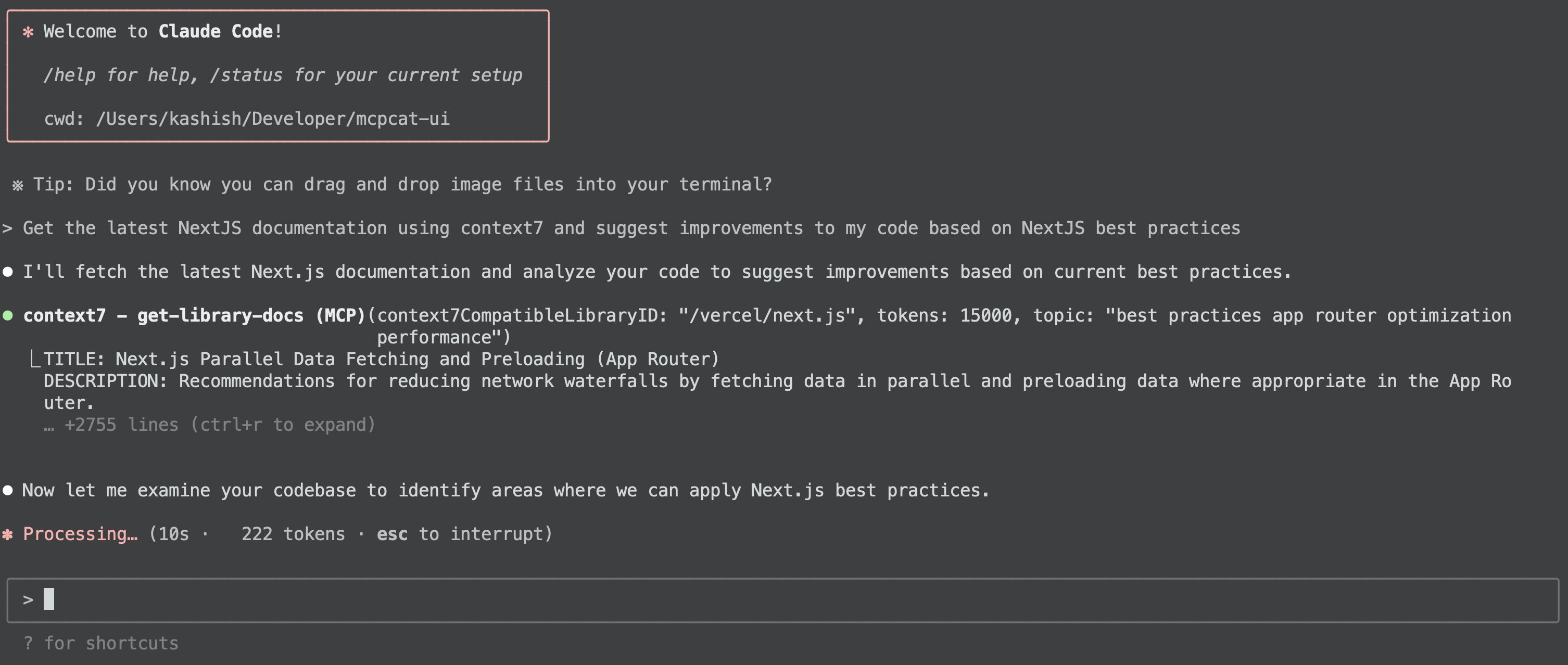 Claude Code using the Context7 MCP server to get documentation on NextJS